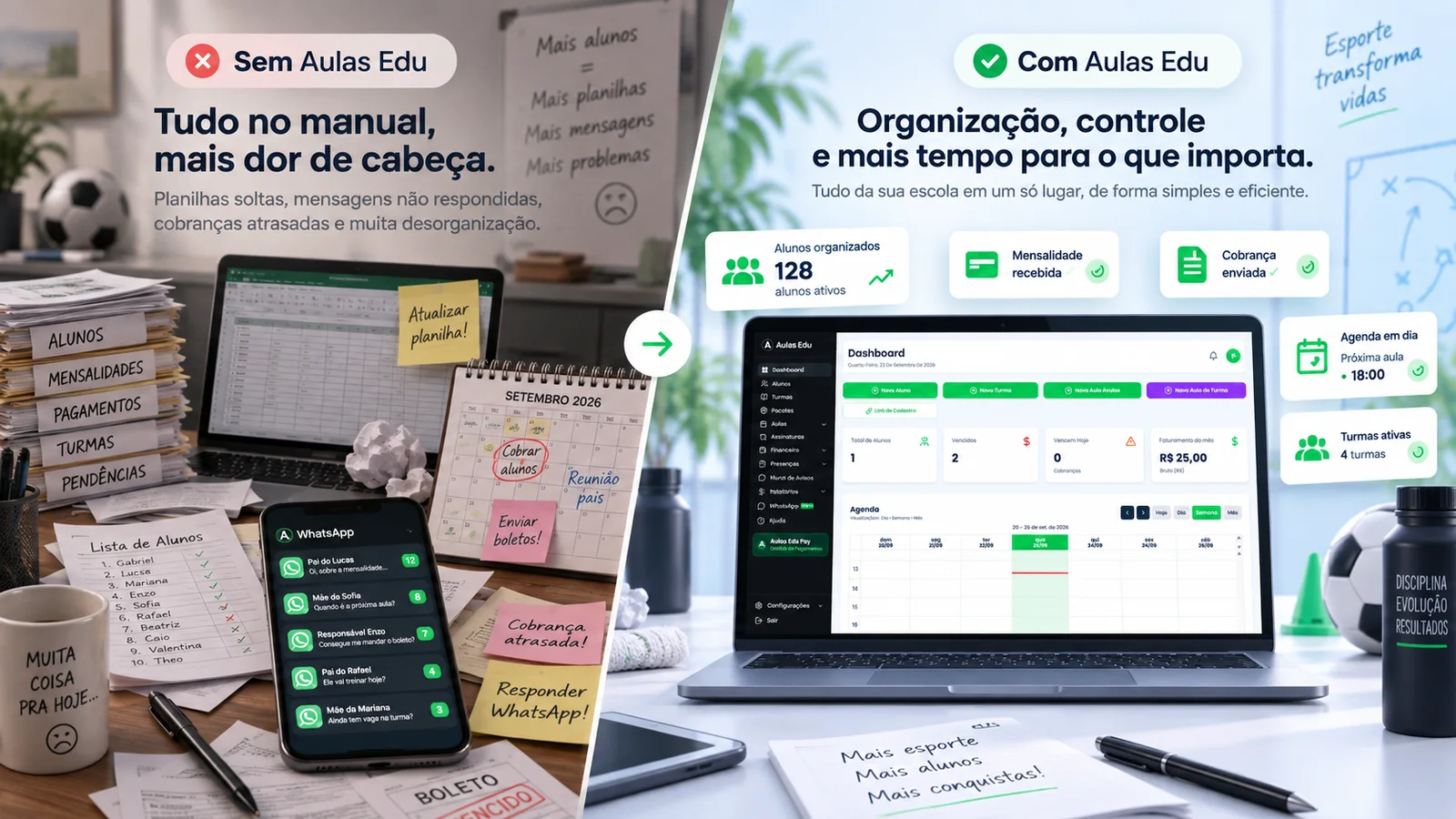 Comparação entre gestão manual e gestão com o Aulas Edu